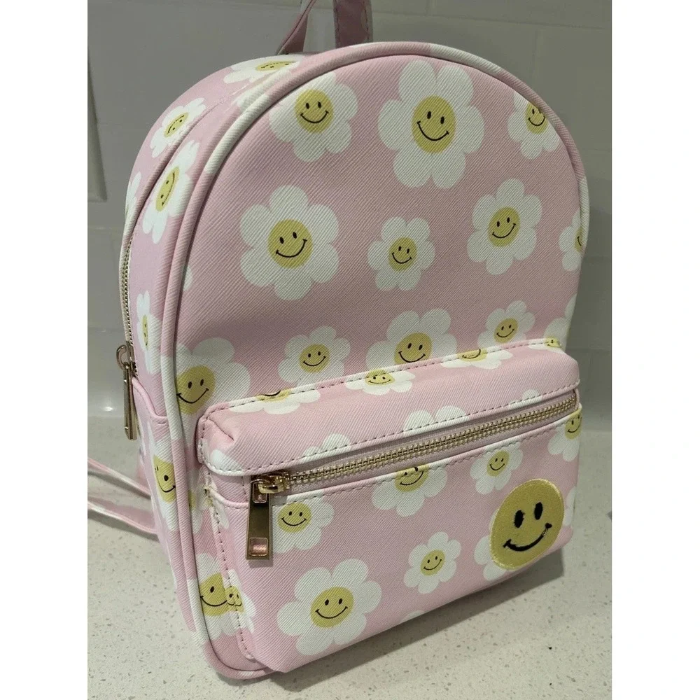 New Underonesky Pink‎ Mini Flower Backpack Smiling Flower emoji Purse Lounge Bag